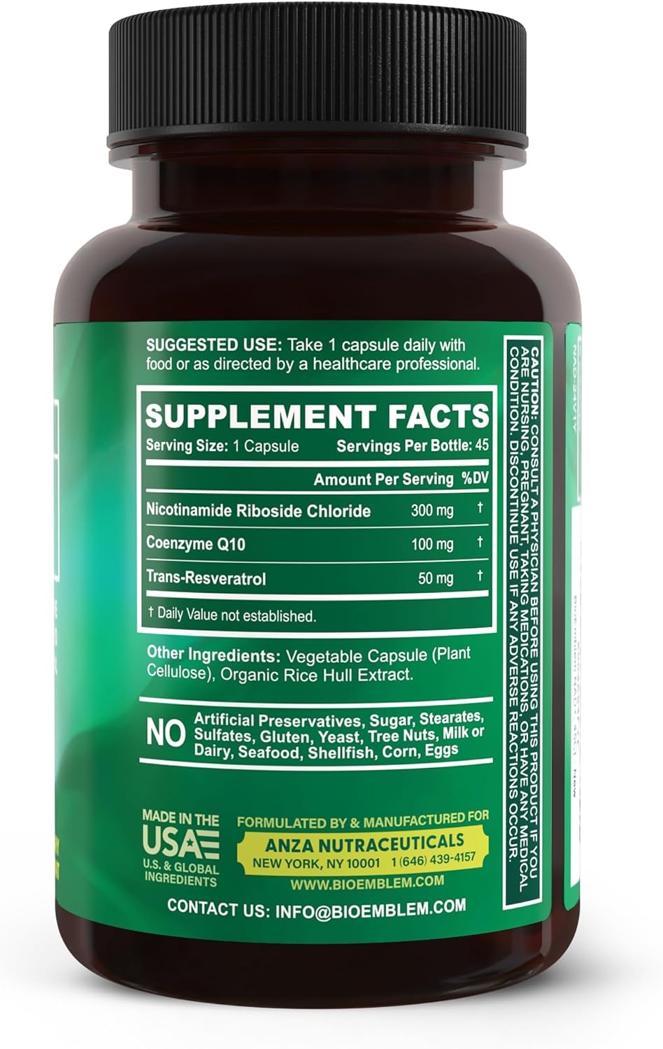 BioEmblem NAD+ Supplement | 300 mg Nicotinamide Riboside with CoQ10 & Resveratrol | Supports Healthy Aging, Cellular Energy and Cognitive Function | Non-GMO, Gluten Free - 45 Capsules