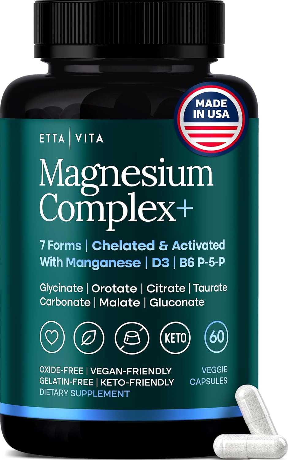 Magnesium Complex for Women & Men 500mg (7-in-1) Magnesium Glycinate with Vegan D3, B6, and Manganese (Made In USA) + Gluconate, Citrate, Malate, Taurate, Orotate, Carbonate (Oxide-Free) Small Capsule