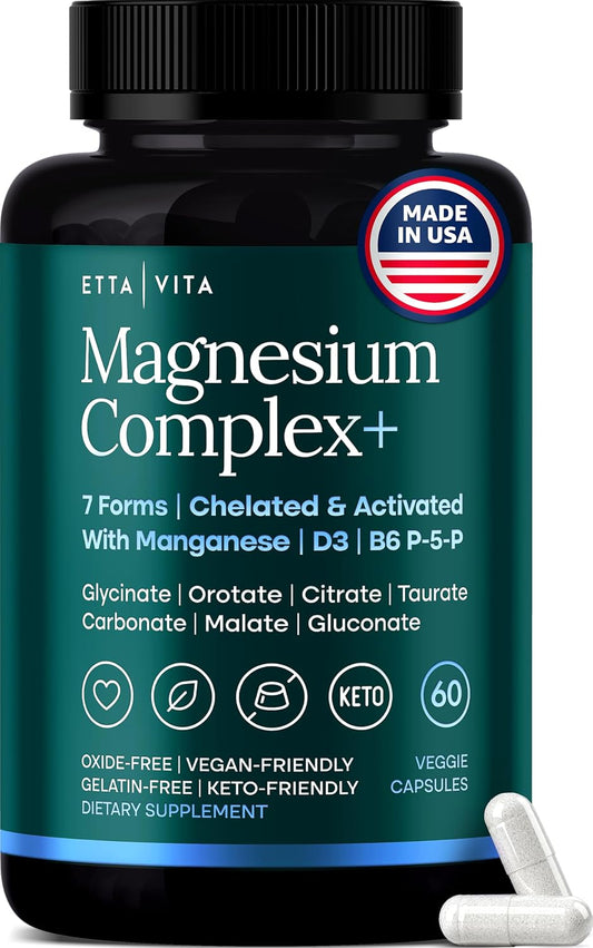 Magnesium Complex for Women & Men 500mg (7-in-1) Magnesium Glycinate with Vegan D3, B6, and Manganese (Made In USA) + Gluconate, Citrate, Malate, Taurate, Orotate, Carbonate (Oxide-Free) Small Capsule