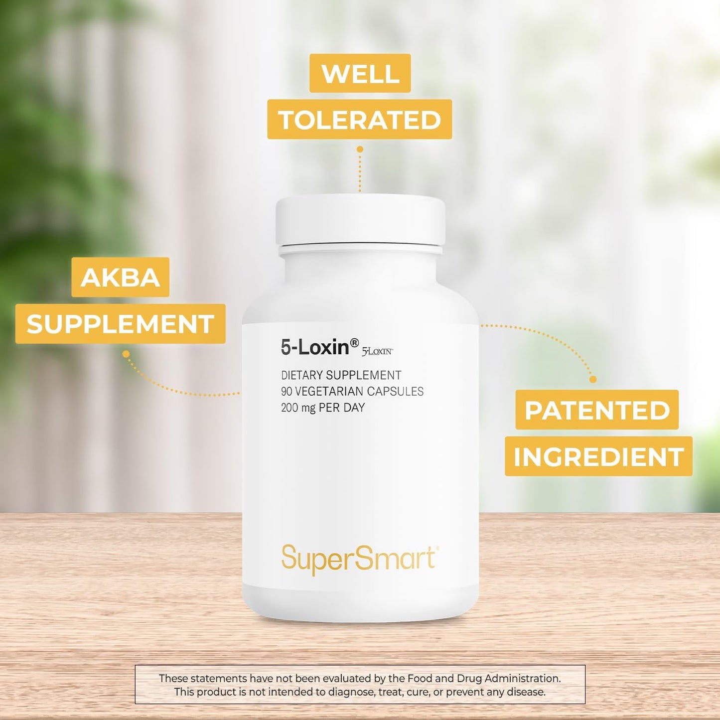 Supersmart - 5-Loxin 200mg per Day (Patented) - AKBA Supplement - 5-Loxin Boswellia Serrata Extract | Non-GMO & Gluten Free - 90 Vegetarian Capsules