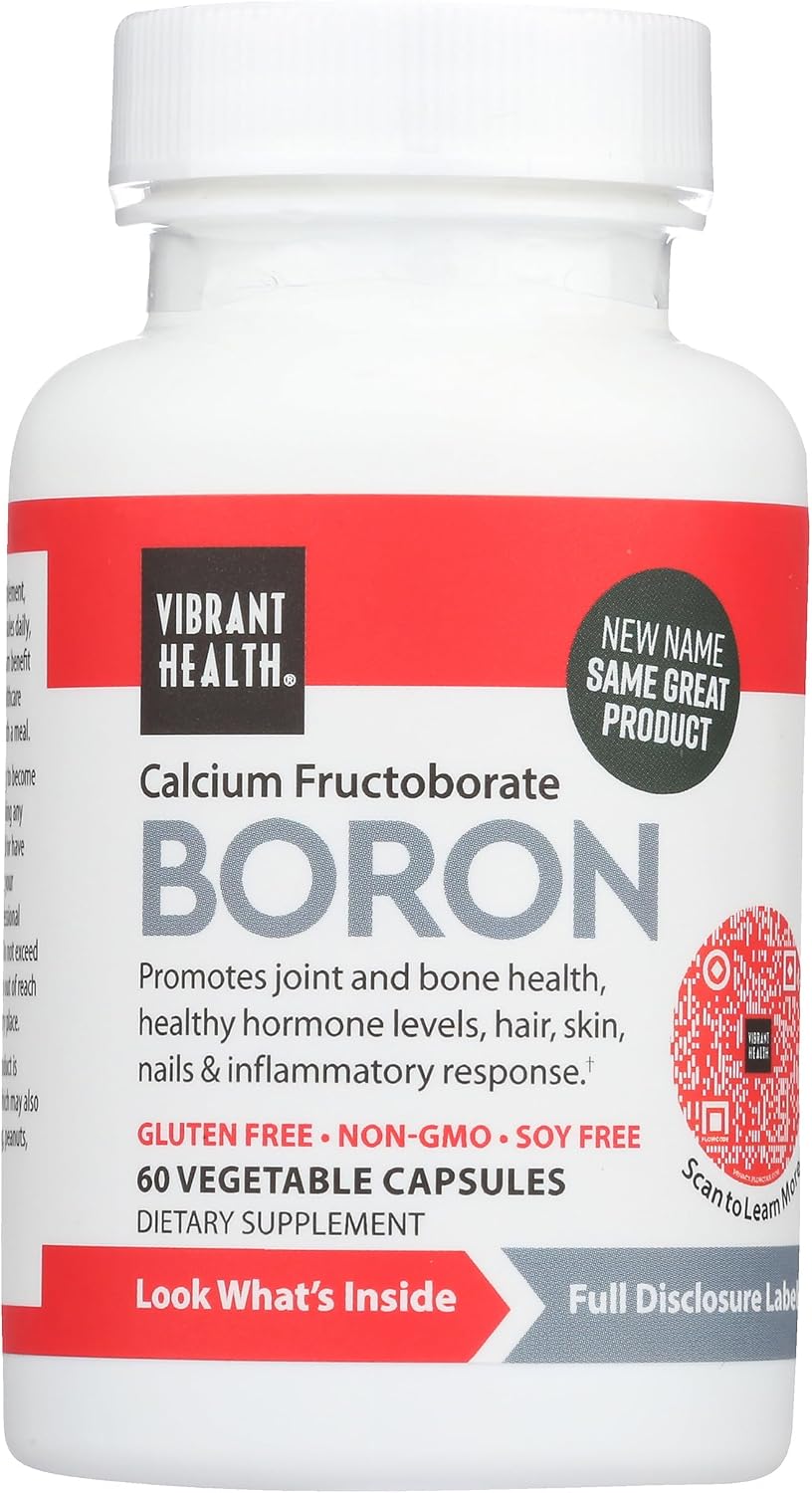 Vibrant Health - Super Natural Boron, Support for Healthy Joints, Hormone Levels, and Connective Tissue with Calcium Fructoborate and Broccoli Powder, Gluten Free, Vegetarian, Non-GMO, 60 Count