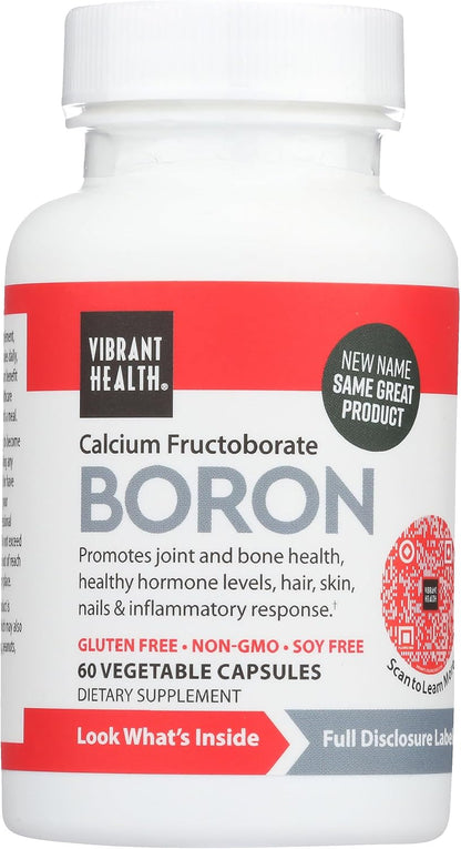Vibrant Health - Super Natural Boron, Support for Healthy Joints, Hormone Levels, and Connective Tissue with Calcium Fructoborate and Broccoli Powder, Gluten Free, Vegetarian, Non-GMO, 60 Count