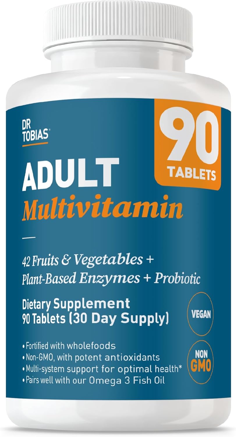 Dr. Tobias Adult Multivitamin for Women & Men 90 Count | Daily Energy & Immune Support | Vitamin Supplement with 42 Fruits & Vegetables + Probiotic + Enzymes | Vegan | 30 Servings