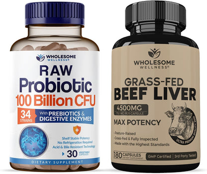 Wholesome Wellness Organic Probiotics 100 Billion CFU + Grass Fed Desiccated Beef Liver Capsules Bundle