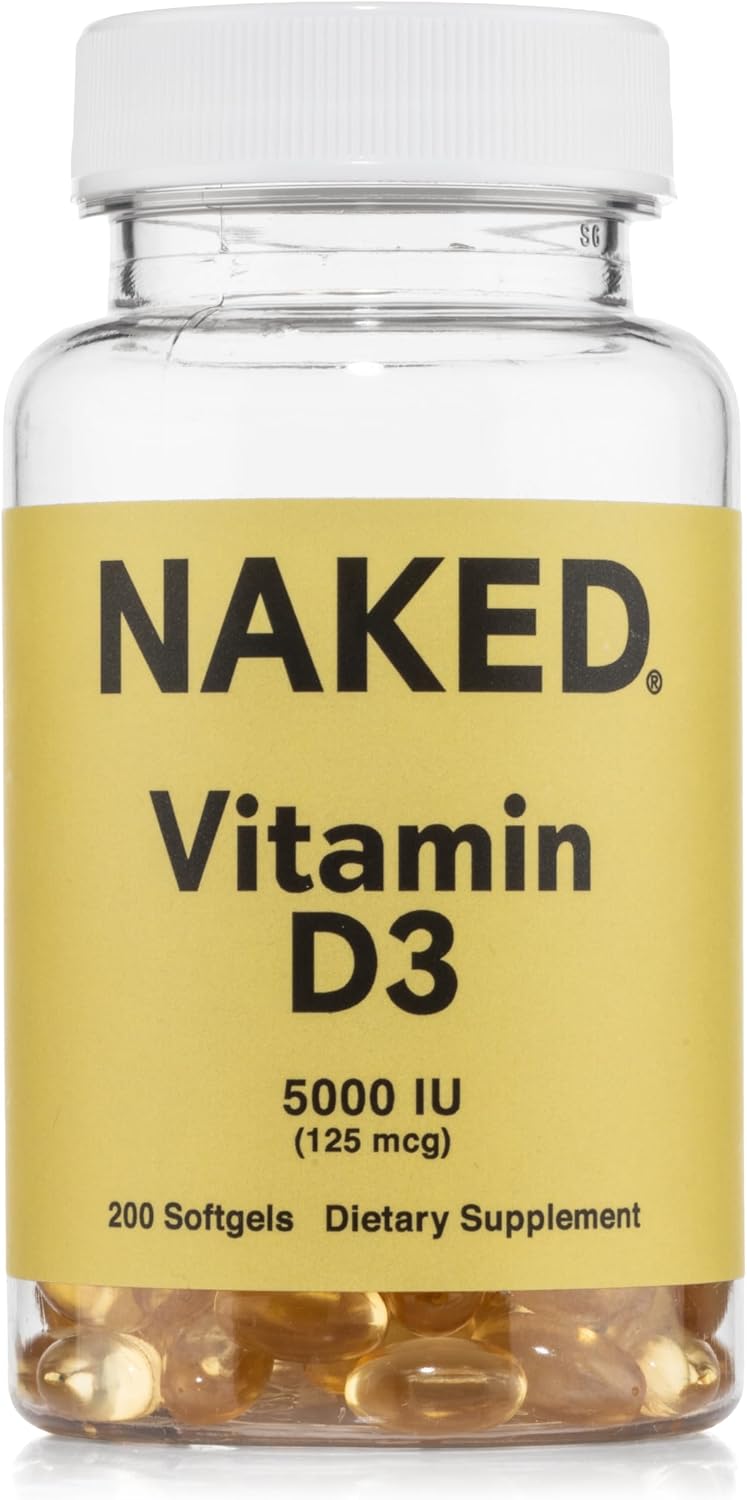 NAKED Vitamin D3 5000 IU – High Potency Vitamin D Supplement for Immune Support, Bone Strength, Muscle Function – 200 Vitamin D Softgels