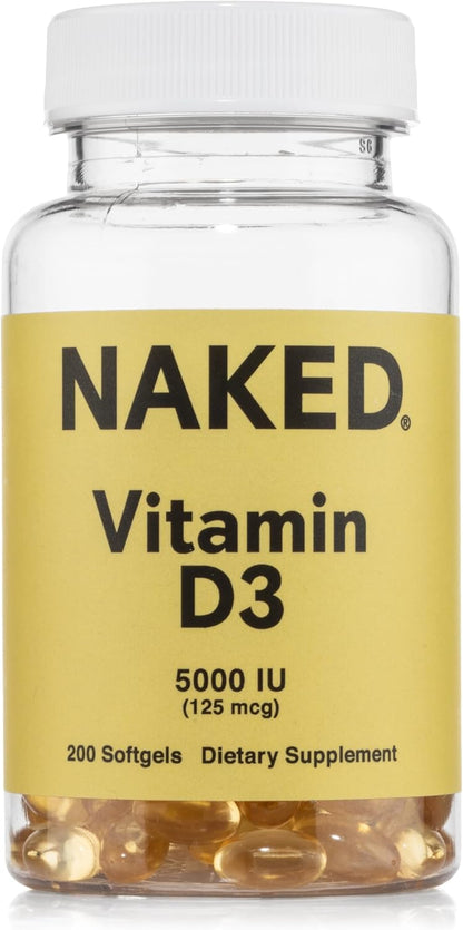 NAKED Vitamin D3 5000 IU – High Potency Vitamin D Supplement for Immune Support, Bone Strength, Muscle Function – 200 Vitamin D Softgels