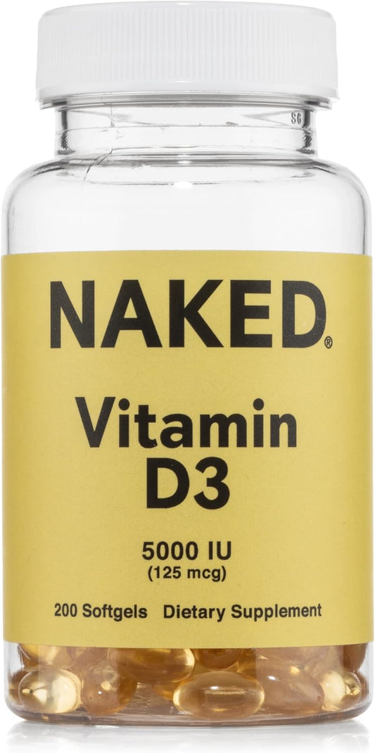 NAKED Vitamin D3 5000 IU – High Potency Vitamin D Supplement for Immune Support, Bone Strength, Muscle Function – 200 Vitamin D Softgels