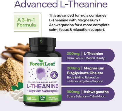 ForestLeaf L Theanine Supplement - L-Theanine 200mg with Ashwagandha and Magnesium for Focus, Stress Relief & Relaxation - Non-GMO & Gluten Free - 100 Caps