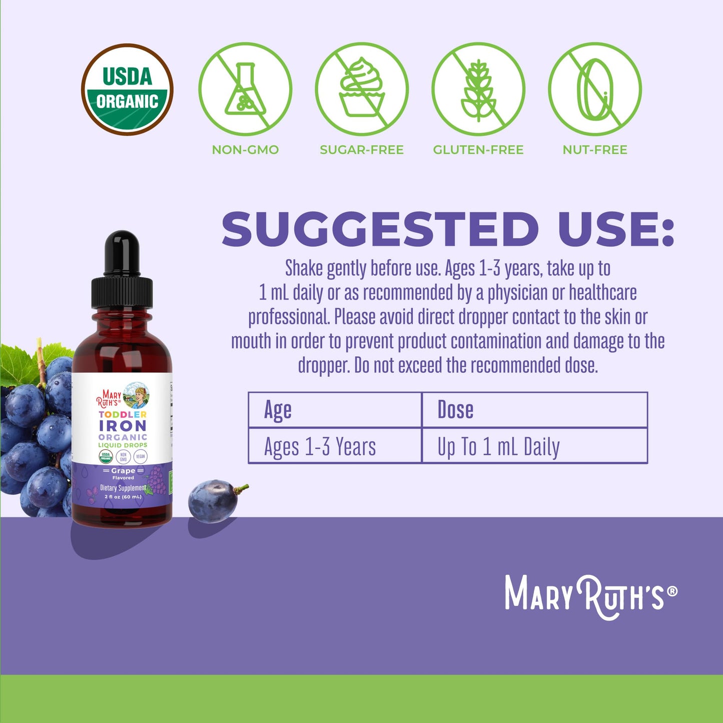 MaryRuth's Iron Supplement for Toddlers | Liquid Iron Supplement for Children Ages 1-3 | Iron Supplement for Iron Deficiency | Ferrochel | Sugar Free | Vegan | Non-GMO | Gluten Free | 2 Fl Oz