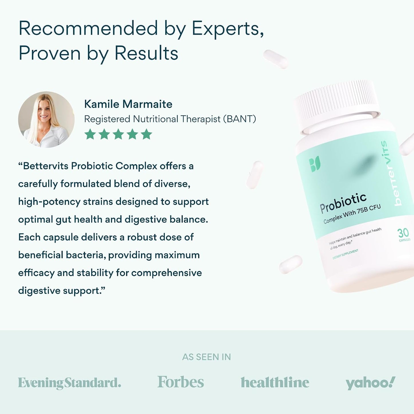Bettervits Probiotics for Women & Men – 75 Billion CFU | Digestive Health and Gut Support Prebiotic | 14 Clinically Studied Strains with Vitamin B12, Lactobacillus and Inulin Fiber | 30 Capsules