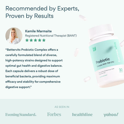 Bettervits Probiotics for Women & Men – 75 Billion CFU | Digestive Health and Gut Support Prebiotic | 14 Clinically Studied Strains with Vitamin B12, Lactobacillus and Inulin Fiber | 30 Capsules