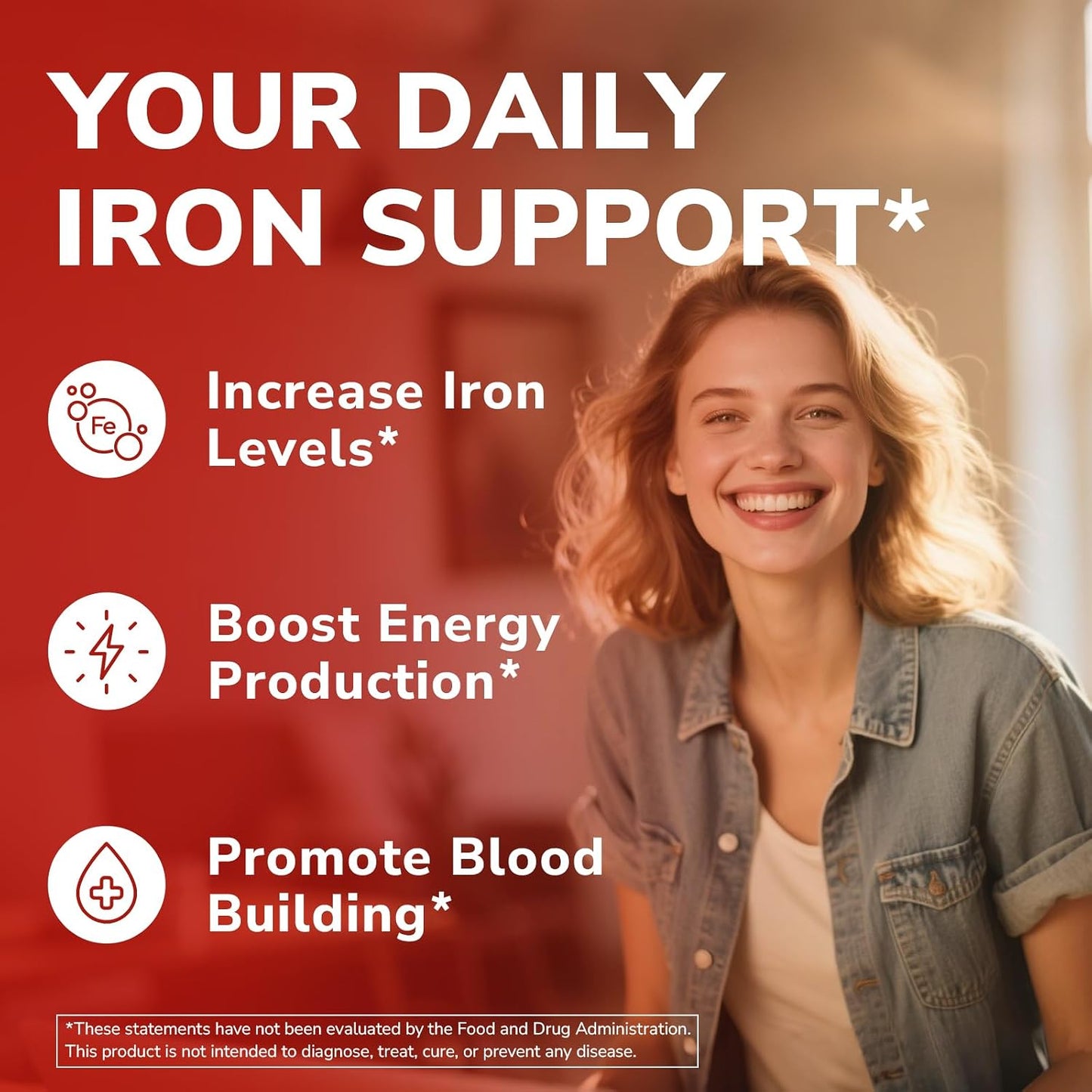 Iron Supplement, 65mg Complex Ferrous Bisglycinate, Sulfate, Carbonyl Iron | with Natural Vitamin C, Stomach Friendly Iron Pills for Blood Building, High Absorption, Non GMO, 60 Vegan Tabs
