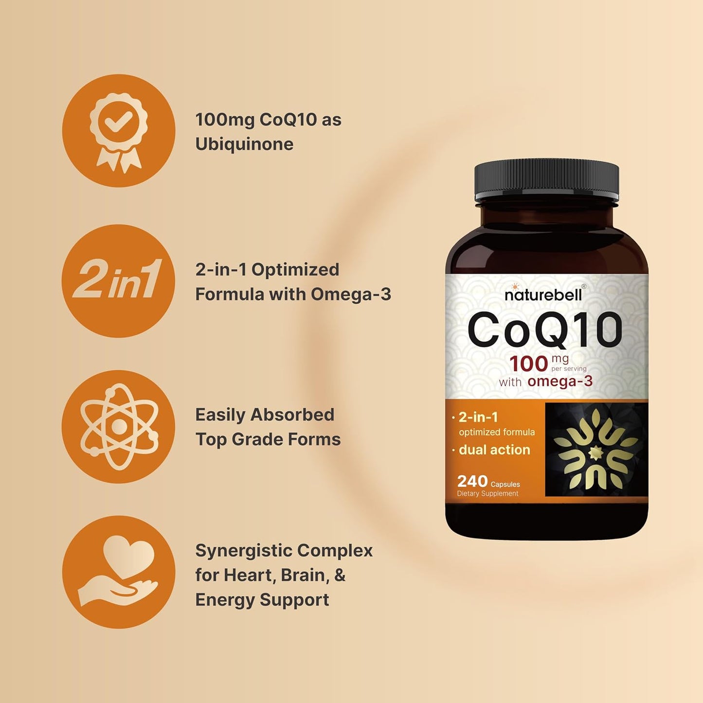 NatureBell CoQ10 100mg with Omega 3, 240 Capsules | Stable High Absorption Form – Antioxidant Support for Heart & Energy Health – Extra Strength Coenzyme Q10 Supplement