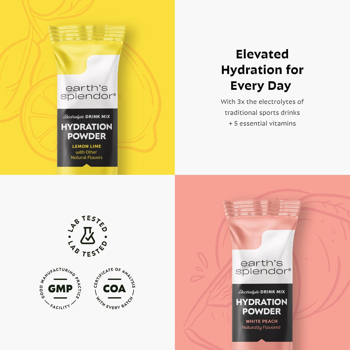 Earth's Splendor Hydration Powder Bundle | Lemon Lime & Sugar-Free White Peach | 20 Single-Serving Electrolyte Sticks | Fast Hydration & Electrolyte Support