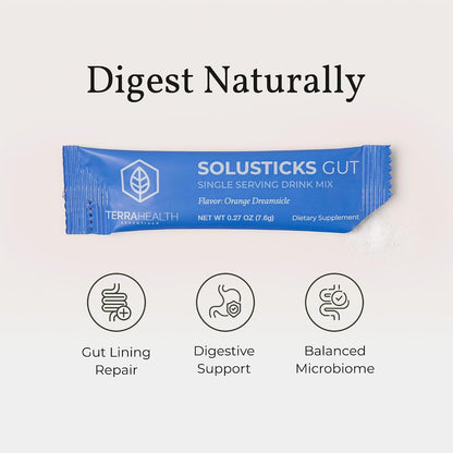 Terra Health Essentials Solusticks Gut - Leaky Gut Supplement - Complete Stomach Lining Repair, Digestive Support & Muscle Recovery - Slippery Elm, Licorice, L Glutamine Powder - Orange, 30 Sticks