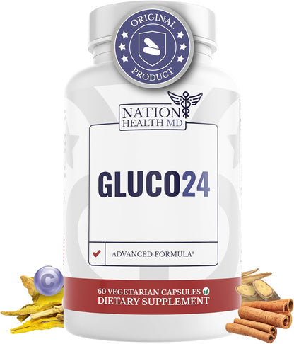 Gluco24 | Supplements with Berberine, Ceylon Cinnamon | Bitter Melon, Vegan, Non GMO. 30 Days Supply. 60 Capsules