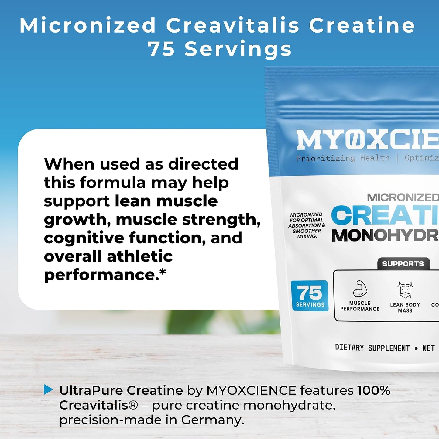 MYOXCIENCE Micronized Creavitalis Creatine | The World’s Purest Micronized Form of Creatine Monohydrate | Supports Muscle Performance, Lean Body Mass, & Cognition | 75 Servings