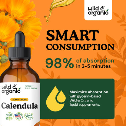 Wild & Organic Calendula Flowers Supplement - Antioxidant, Immune & Skin Support - Add to Tea Extract Drops - Calendula Herb Tincture - Vegan, Alcohol & Sugar-Free - 4 fl oz