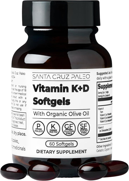 Santa Cruz Paleo Vitamin K2 + D3 Softgels, Daily Supplement with Organic Olive Oil, Includes Vitamin K1 & Two Forms of K2, Supports Heart & Bone Health, Gluten Free, Sugar Free, Paleo, Keto, 60 Count