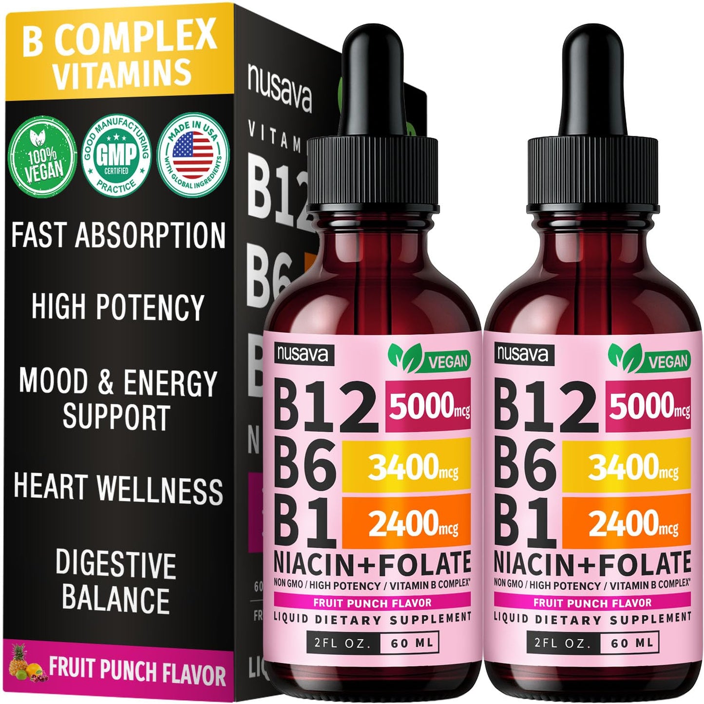 NUSAVA (2 Pack) Vitamin B12 Liquid Drops with B6, B1, Niacin & Folate — B12 Sublingual Vitamin B Complex, Methylcobalamin 5000 mcg, for Energy, Brain & Heart Support, Raspberry Flavor, 80 Servings