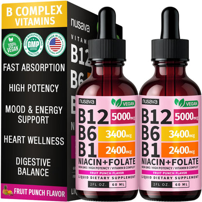 NUSAVA (2 Pack) Vitamin B12 Liquid Drops with B6, B1, Niacin & Folate — B12 Sublingual Vitamin B Complex, Methylcobalamin 5000 mcg, for Energy, Brain & Heart Support, Raspberry Flavor, 80 Servings