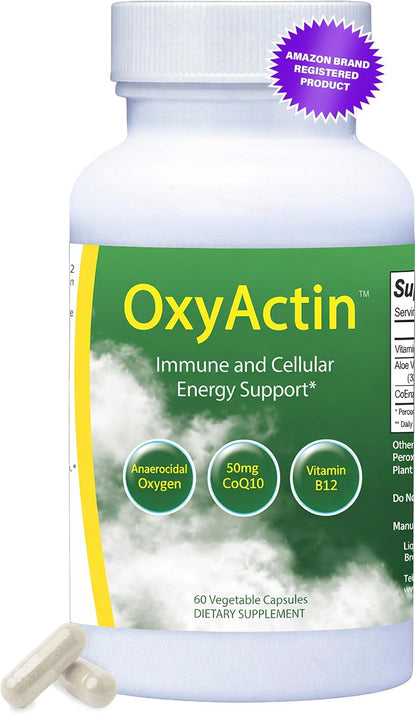 OxyActin Oxygen Supplement, 60 Vegetable Capsules | Immune Health & Cellular Energy, High Altitude & Endurance Support with 50mgs of CoQ10, Vitamin B12, & Aloe Vera Juice Powder
