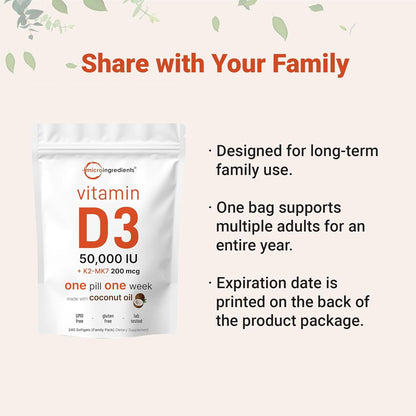 Micro Ingredients Vitamin D3 50,000 IU + K2 MK-7 200 mcg, 240 Softgels | Virgin Coconut Oil | 2-in-1 Support | Easy to Swallow, Non-GMO