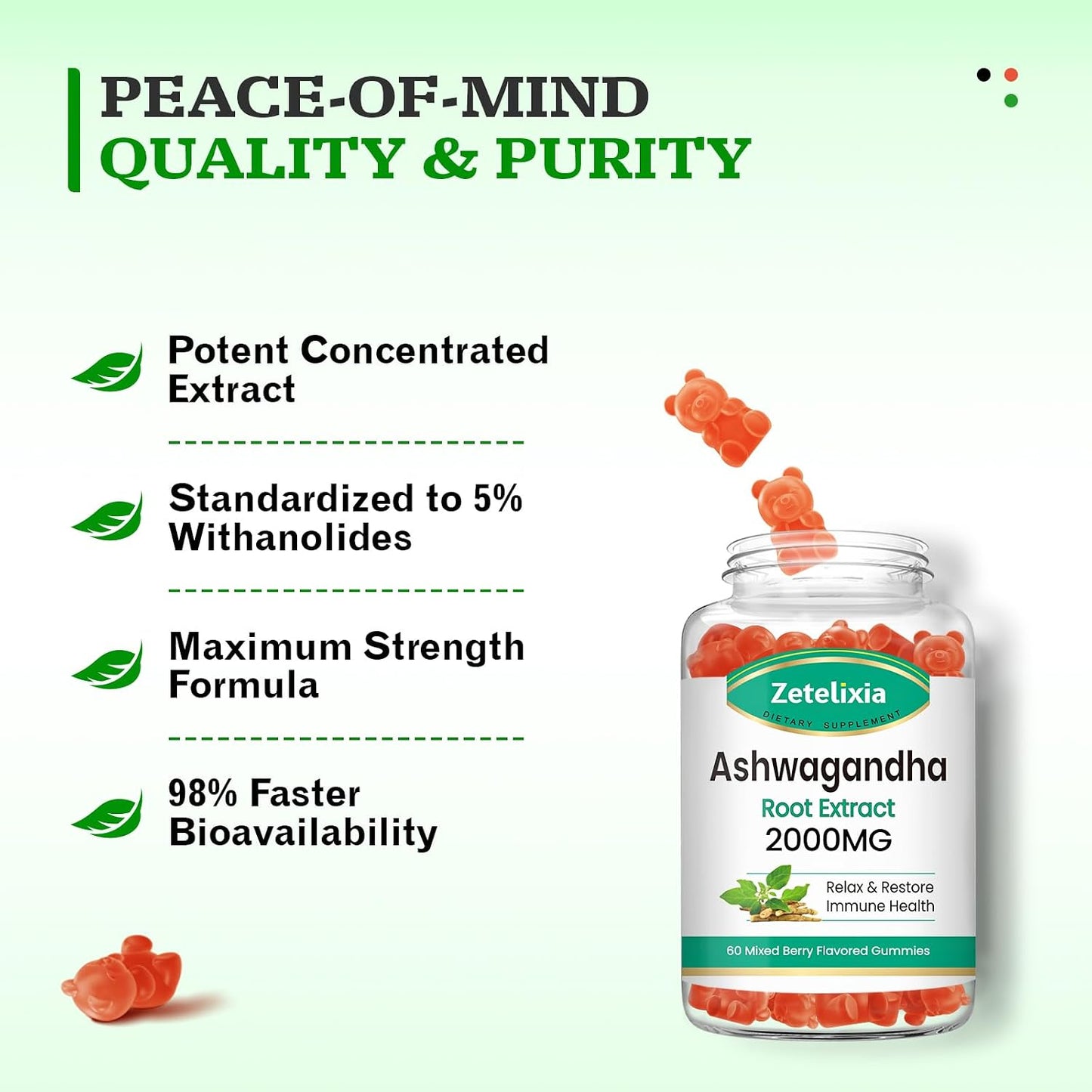 Ashwagandha Gummies, Extra Strength Vitamin D3, Organic Ashwa Root Extract Supplement for Calm Mood Relaxation & Immune Support, Mixed Berry Vegan Sugar Free Chews 60 Count
