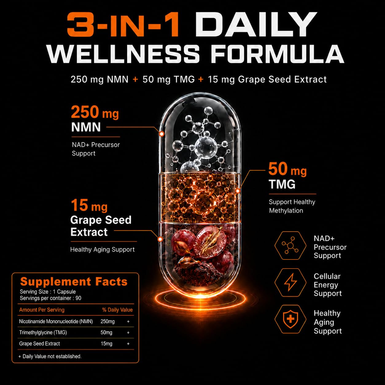 NMN Supplement 250mg, NAD+ Precursor with TMG 50mg & Grape Seed Extract 15mg, Nicotinamide Mononucleotide for Cellular Energy, Daily Vitality & Healthy Aging Support, Advanced 3-in-1 Daily Formula