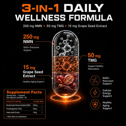 NMN Supplement 250mg, NAD+ Precursor with TMG 50mg & Grape Seed Extract 15mg, Nicotinamide Mononucleotide for Cellular Energy, Daily Vitality & Healthy Aging Support, Advanced 3-in-1 Daily Formula