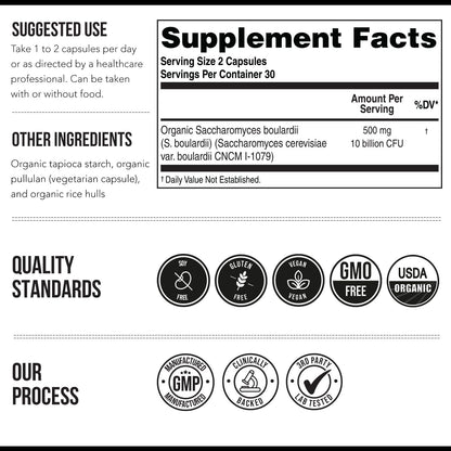 Organic Saccharomyces Boulardii - 10 Billion CFU - Clinically Validated CNCM I-1079 Probiotic Strain - Gut, Digestion & Healthy Bowel Support - First Organic Form of S. Boulardii Probiotic - 60 Count