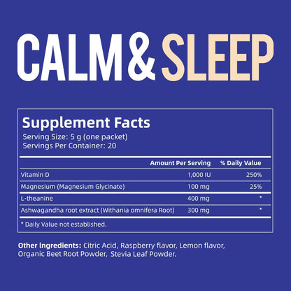 VivoNu Calm & Sleep Powdered Drink Mix Raspberry L Theanine Ksm-66 Ashwagandha Magnesium Glycinate Vitamin D 3 Supplements for Relaxation & Focus No Sugar Non GMO