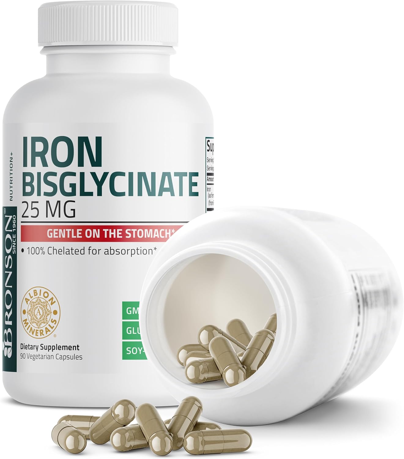 Bronson Iron Bisglycinate 25 mg, 90 Vegetarian Capsules | Gentle on the Stomach, Non-Constipating, Supports Energy & Red Blood Cell Production, Non-GMO, Gluten-Free & Soy-Free
