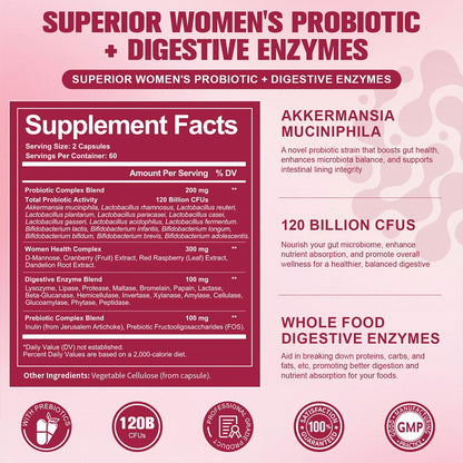 Totaria Probiotics for Women, 120 Billion Women Probiotic, with Akkermansia, Digestive Enzymes & Prebiotics, Cranberry, D-Mannose, for Gut, Vaginal, Urinary, Immune, PH Balance, 120 Vegan Capules