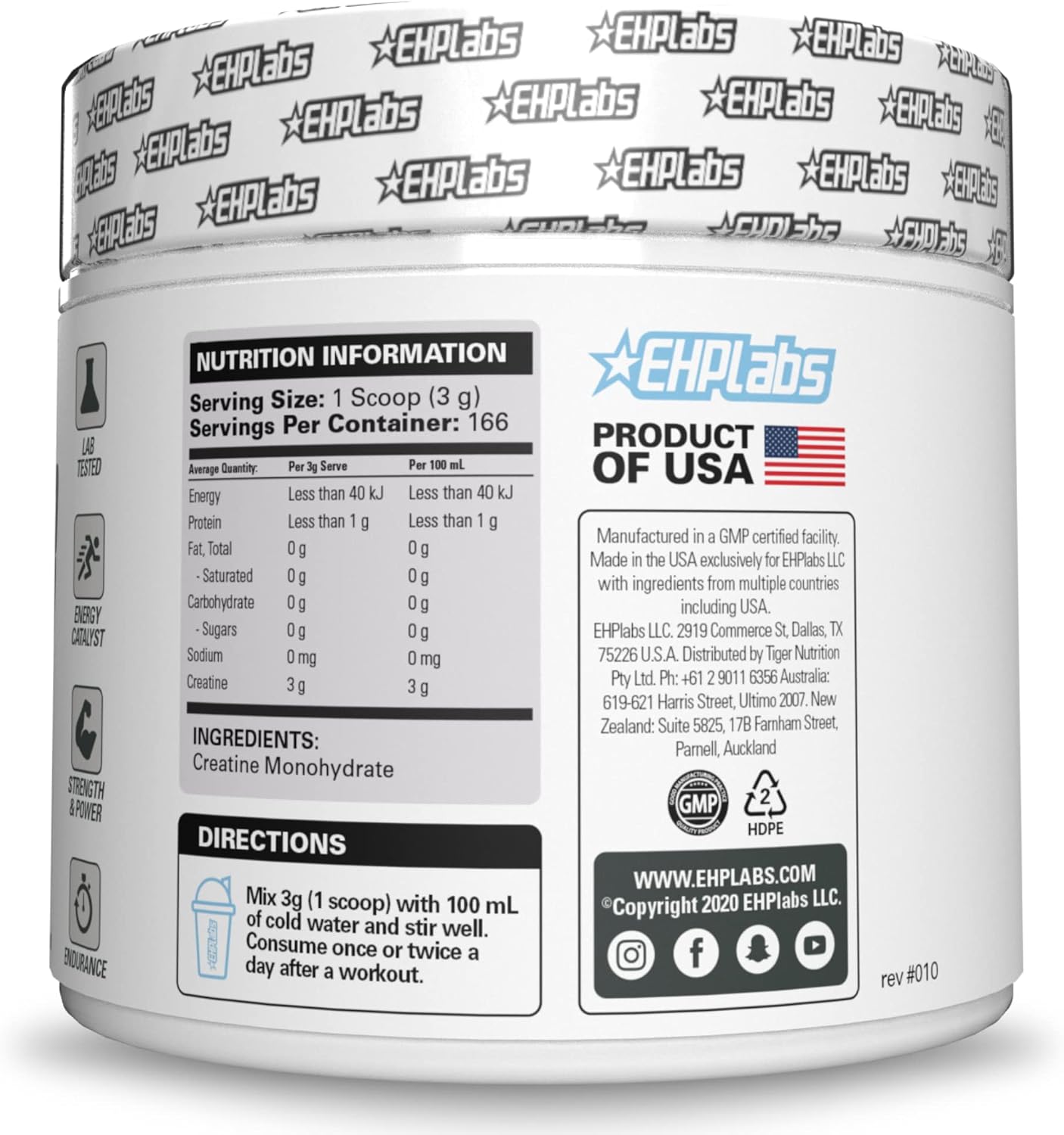 EHP Labs CREA-8 Creatine Monohydrate Powder, Unflavored, 100 Servings | Micronized Creatine For Muscle Growth, Strength & Energy. Mixes Easily, No Clumping. Pre Or Post Workout. 500g