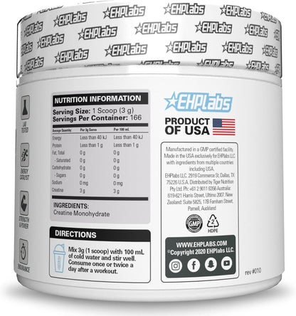 EHP Labs CREA-8 Creatine Monohydrate Powder, Unflavored, 100 Servings | Micronized Creatine For Muscle Growth, Strength & Energy. Mixes Easily, No Clumping. Pre Or Post Workout. 500g