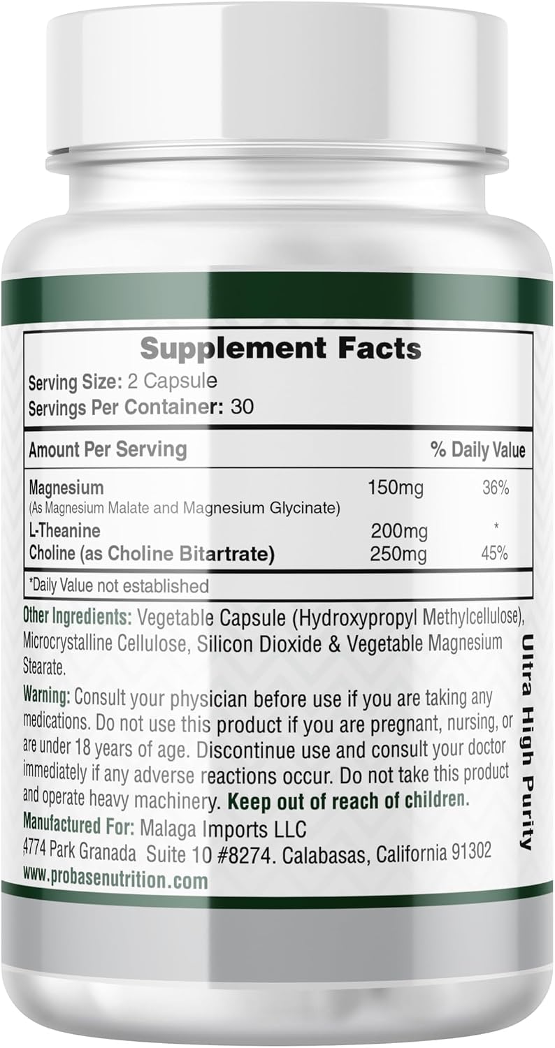 Probase Nutrition Magnesium Complex Plus with Glycinate, Malate, L-Theanine and Choline - Natural Support for Sleep and Cognitive Function - 60 Capsules