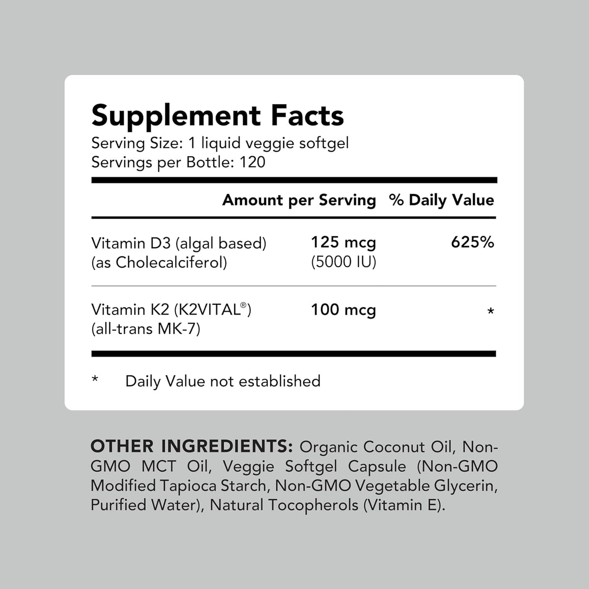 AMANDEAN Vegan Vitamin D3 K2 Supplement, 5000 IU, MK-7, 120 Softgels