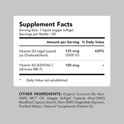 AMANDEAN Vegan Vitamin D3 K2 Supplement, 5000 IU, MK-7, 120 Softgels