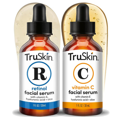 TruSkin Face Serum Duo - Vitamin C Serum & Retinol Serum for Face - AM & PM Anti Aging Skincare Routine - Brightening & Smoothing Facial Serums, 1 fl oz Each