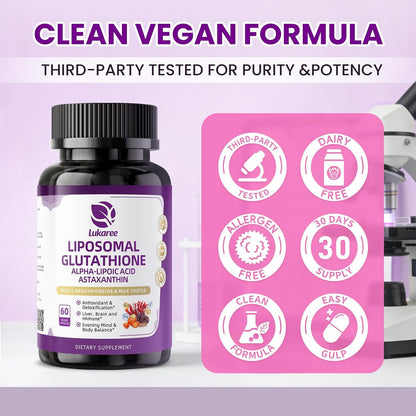 Liposomal Glutathione 1158mg with Astaxanthin for Skin Health 60 Vegan CT | 15-in-1 with Milk Thistle, Alpha Lipoic Acid, Antioxidant Complex for Nighttime Skin Radiance, Cellular Health & Liver Detox