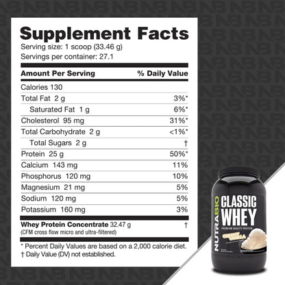 NutraBio Classic Whey Protein Powder- 25G of Protein Per Scoop - Full-Spectrum Amino