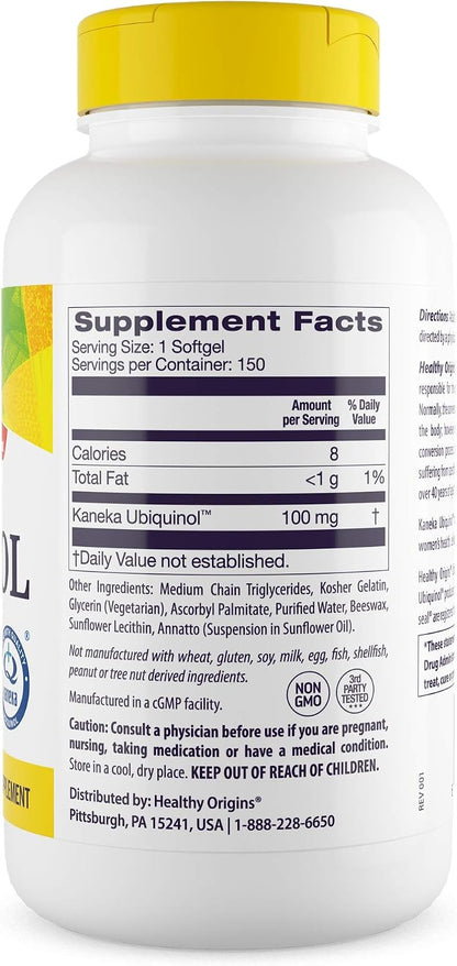 Healthy Origins Ubiquinol CoQ10 100 mg, Kaneka QH, 150 Softgels