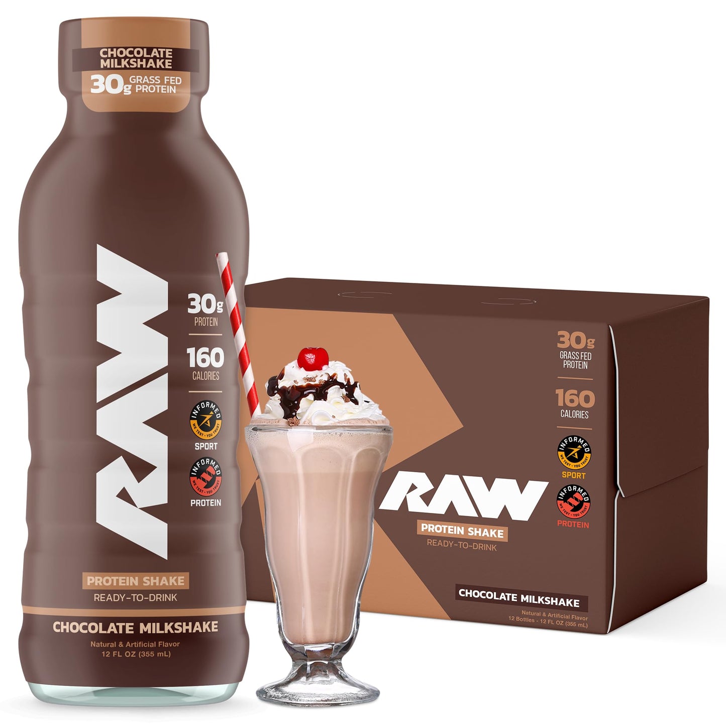 RAW Ready-to-Drink Protein Shake, Strawberry - RTD Protein Drinks with Grass-Fed Whey Protein Isolate for Post-Workout - Zero-Sugar & Gluten-Free Meal Replacement Drink & Breakfast Shake, 12 Fl Oz