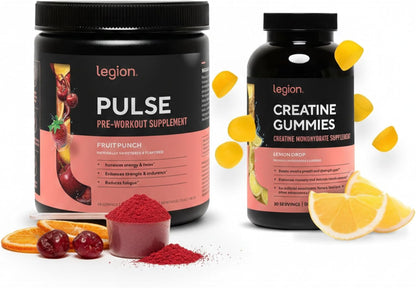 LEGION Pre Workout Creatine Bundle – Pulse Natural Pre Workout (Fruit Punch) + Creatine Monohydrate Gummies – Energy, Strength, Focus & Muscle Recovery Stack – 30 Servings Each