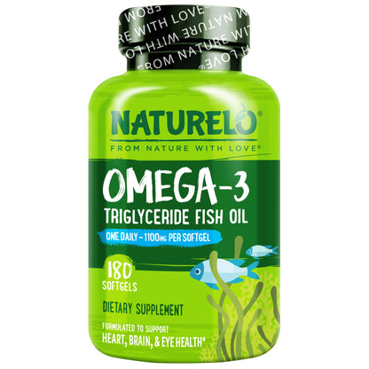 NATURELO Burpless Omega 3 Fish Oil Supplement - 1100mg Triglyceride Omega-3, EPA + DHA, Liquid Fish Oil for Heart, Eye, Brain, Joint Health - 120 Softgels, 4 Months Supply