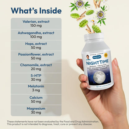Andrew Lessman ProCaps Night Time Sleep Support 3mg Melatonin 60 Capsules | 3mg Melatonin with 5-HTP, Ashwagandha & five calming botanicals. Designed for restful sleep without morning grogginess.