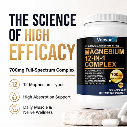 Magnesium Complex 700mg | 12-in-1 High Absorption Supplement | Glycinate, Citrate, Malate, Taurate & More | Sleep Support, Muscle Cramp Relief, Stress, Heart & Nerve Health | 120 Vegan Capsules