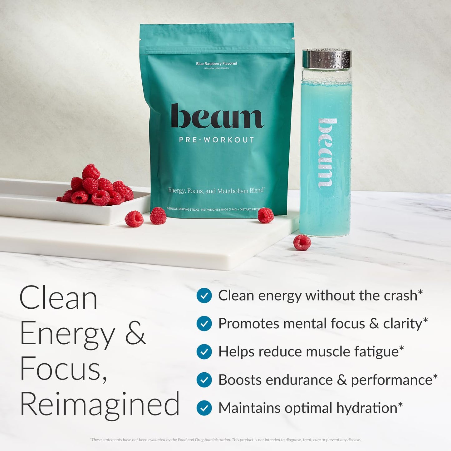 BEAM Pre Workout Powder – Pre Workout Supplement with Organic Caffeine, 350 mg Electrolytes & Nootropic Focus Support, No Sugar, Pre Workout for Women & Men, Blue Raspberry Flavor, 20 Servings