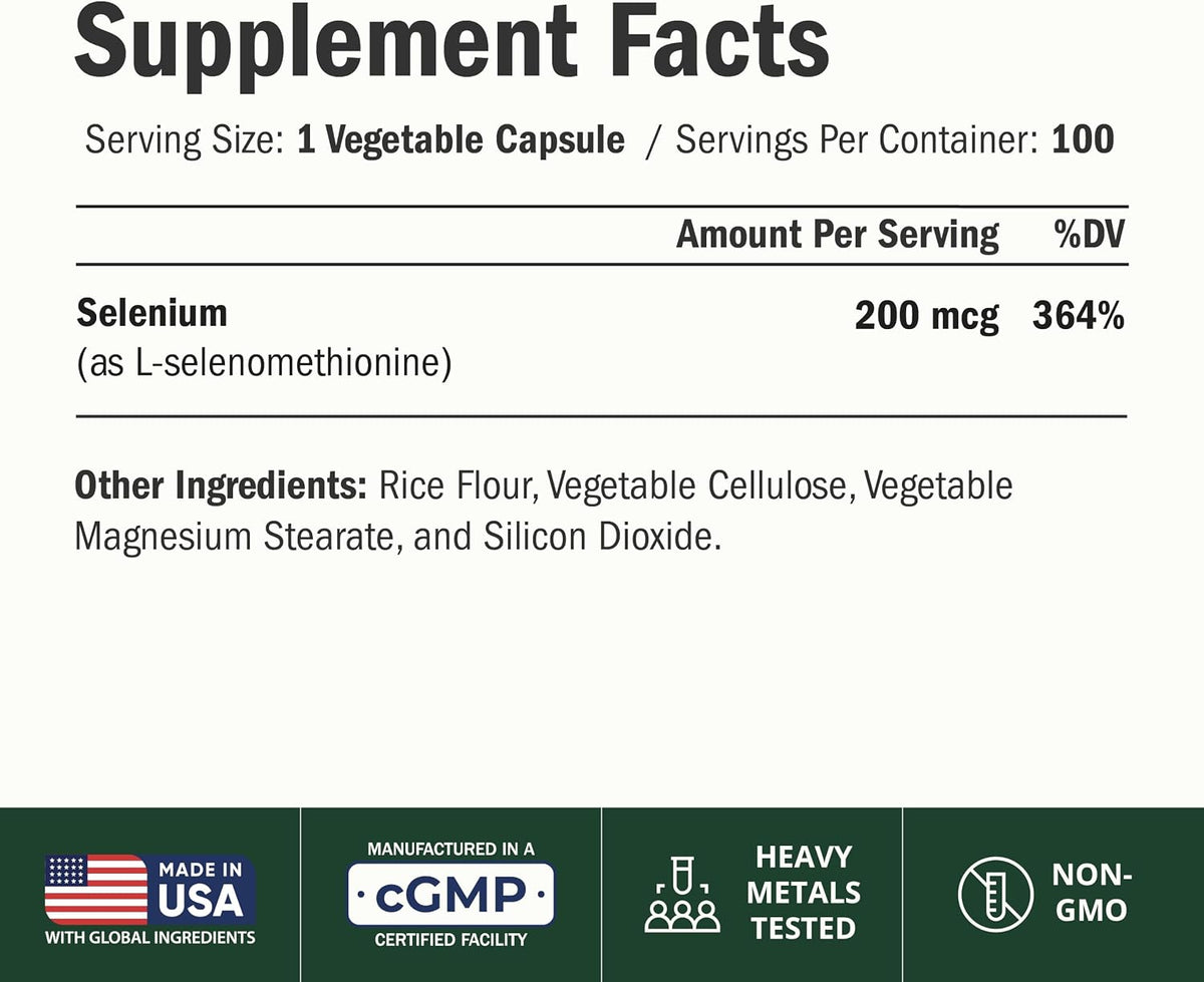 Selenium 200 mcg Capsules – High-Potency Selenium Supplement for Thyroid, Antioxidant & Immune Support – Highly Bioavailable L-Selenomethionine Essential Mineral Supplements – Vegan, 100 Capsules